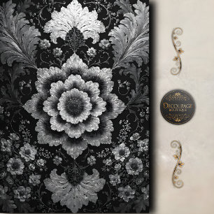 Papel De Seda Decoupage de Damasco Floral Preto Prata