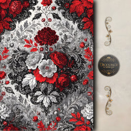 Papel De Seda Decoupage de Damasco Floral Preto Vermelho