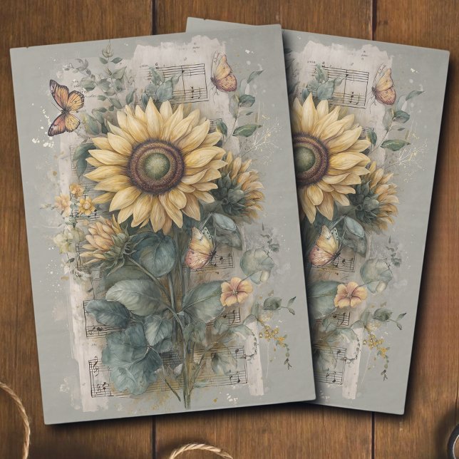 Papel De Seda Decoupage de Efêmera de Girassol Vintage e Música (Criador carregado)