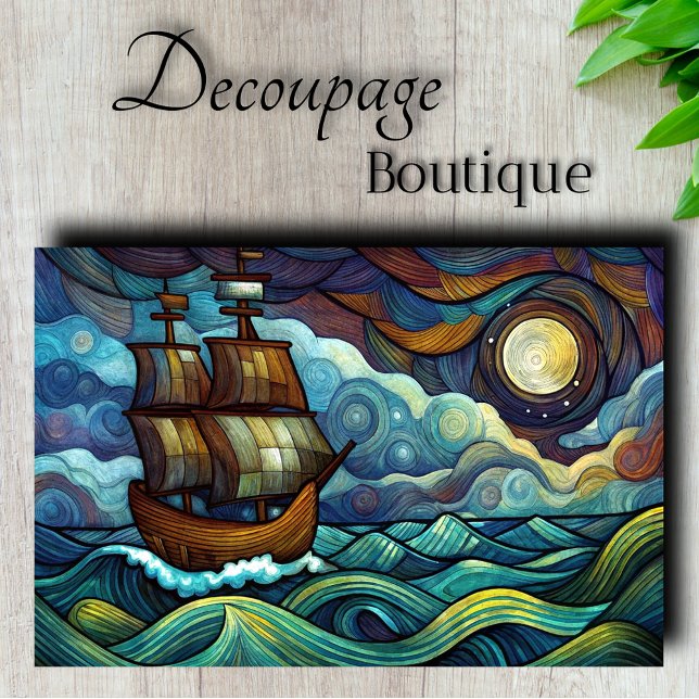 Papel De Seda Decoupage de Entrega Noturna Estelar (Starry Night Ship Decoupage Tissue Paper)