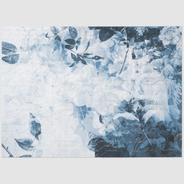 Papel De Seda Decoupage de Ephemera Azul Floral e Branco (Frente )