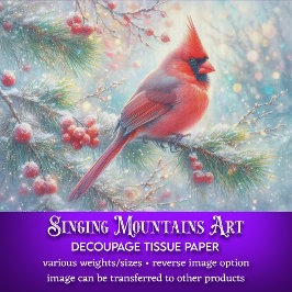 Papel De Seda Decoupage de Floresta Nevada com Cardinal em Aquar
