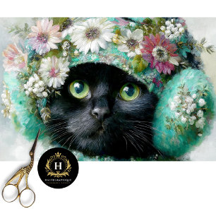 Papel De Seda Decoupage de Gato Preto Floral de Inverno