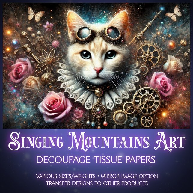 Papel De Seda Decoupage de Gato Steampunk em Ouro Rosa Vitoriano (Criador carregado)