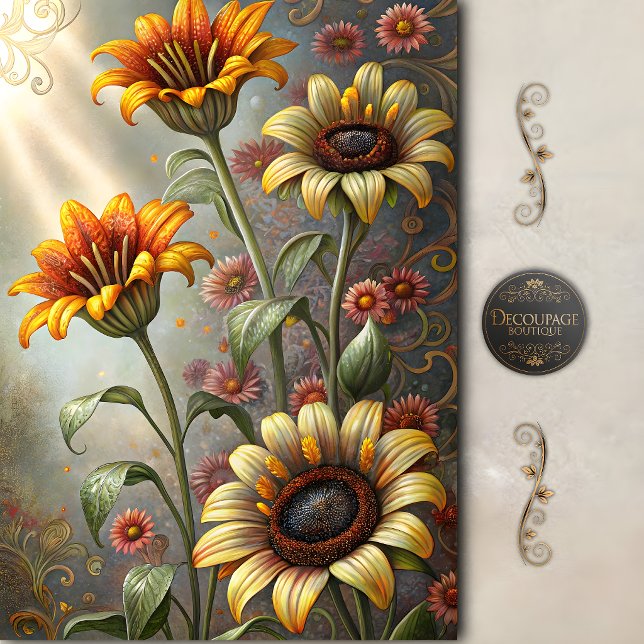 Papel De Seda Decoupage de Girassol e Lírio Caprichoso (Whimsical Sunflower Lily Decoupage Tissue Paper)