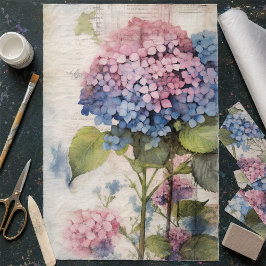 Papel De Seda Decoupage de Hidrangea Azul Rosa em Aquarela Vinta