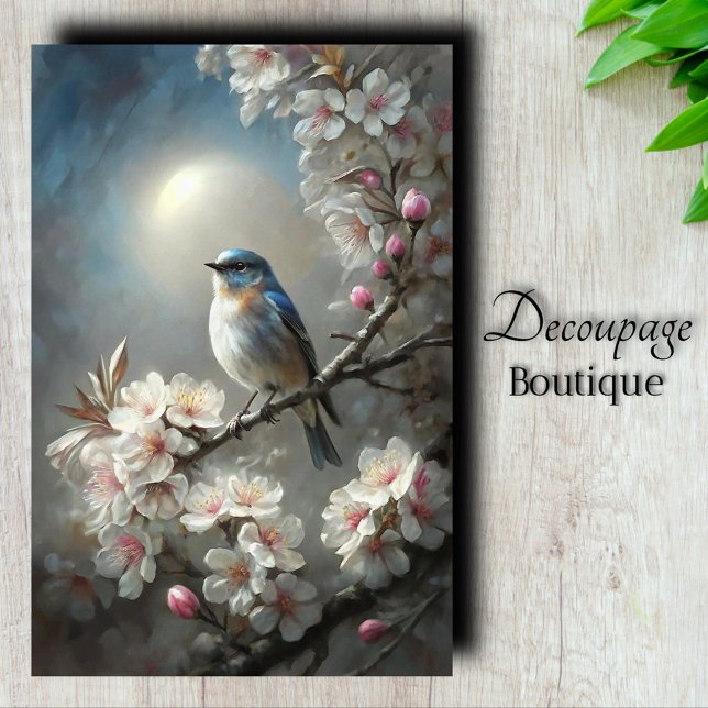 Papel De Seda Decoupage de Lua de Flores de Cerejeira Branca de  (Bluebird White Cherry Blossoms Moon Decoupage Tissue Paper)