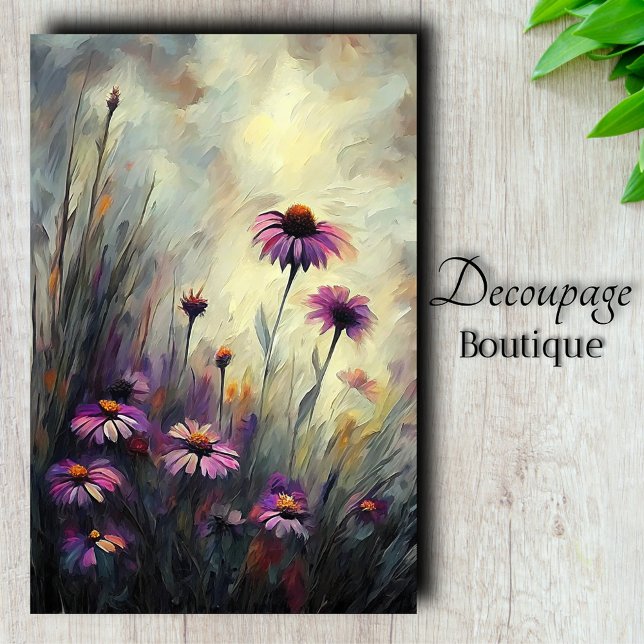 Papel De Seda Decoupage de Margarida Roxa Selvagem (Purple Wildflower Coneflower Meadow Decoupage Tissue Paper)