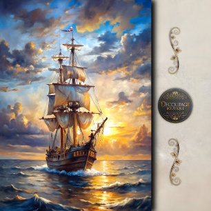 Papel De Seda Decoupage de Navio à Vela no Pôr do Sol Dourado
