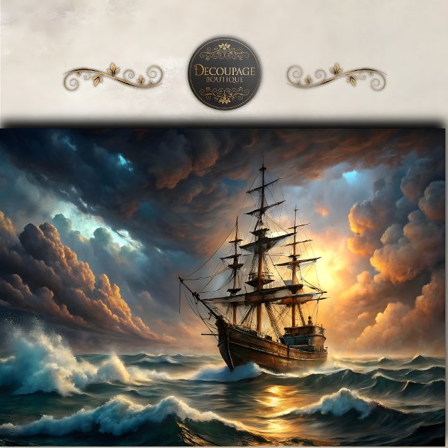 Papel De Seda Decoupage de Navio Alto em Mares Tempestuosos (Stormy Seas Tall Ship Decoupage Tissue Paper)