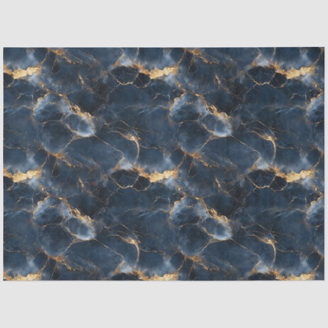 Papel De Seda Decoupage de Padrão de Mármore Azul Naval e Dourad (Frente )