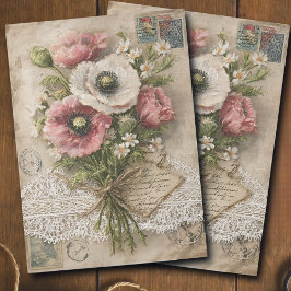 Papel De Seda Decoupage de Papoula Rosa e Branca Vintage