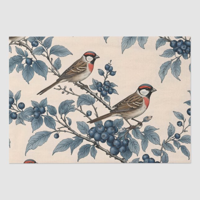 Papel De Seda Decoupage de Pardais Antigos e Mirtilos (Frente )