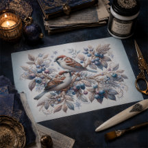 Decoupage de Pardais e Mirtilos de Inverno Vintage