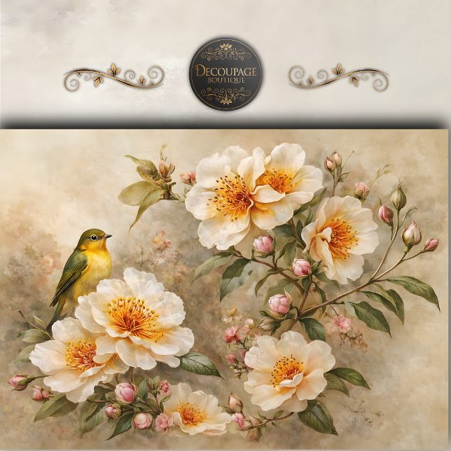 Papel De Seda Decoupage de Pássaro Antigo e Rosas Selvagens (Vintage Bird & Wild Roses Decoupage Tissue Paper)
