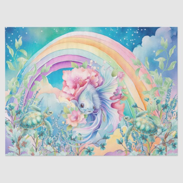 Papel De Seda Decoupage de Peixes Arco-Íris e Tartarugas Marinha (Frente )