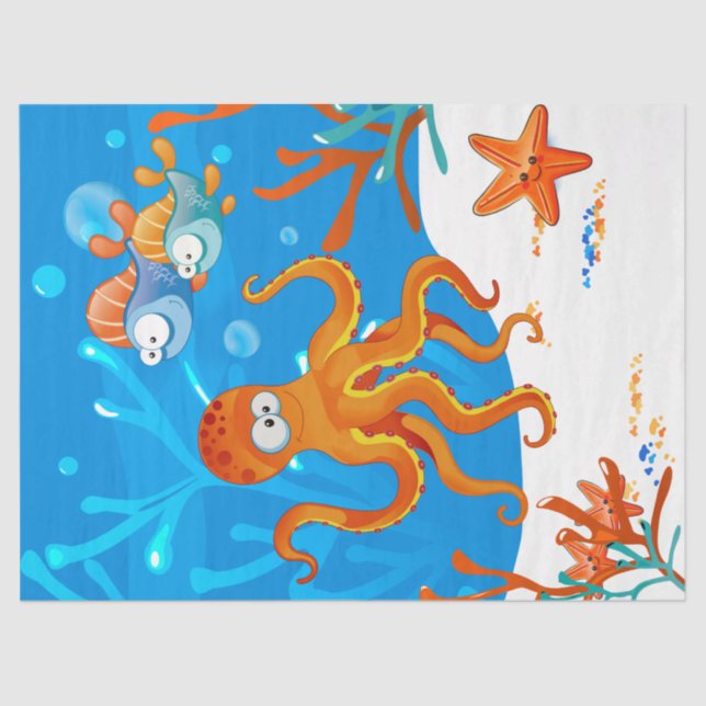 Papel De Seda Decoupage de Peixes de Octopus Aquáticos Oceânicos (Frente )