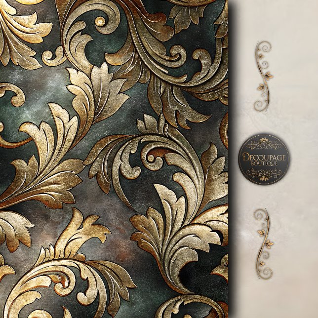 Papel De Seda Decoupage de Rolo Barroco Dourado (Gold Baroque Scroll Decoupage Tissue Paper)