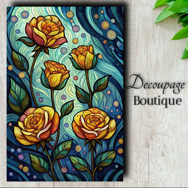 Papel De Seda Decoupage de Rosa de Vidro Colorido (Stained Glass Rose Decoupage Tissue Paper)