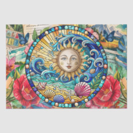 Papel De Seda Decoupage de Rosto de Sol em Vidro Colorido Floral