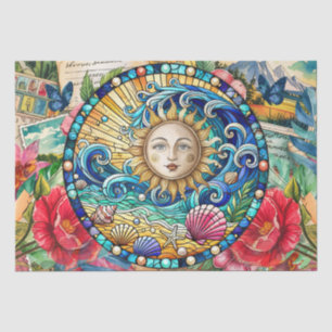 Papel De Seda Decoupage de Rosto de Sol em Vidro Colorido Floral