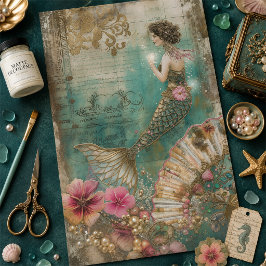 Papel de Seda Decoupage de Sereia Vintage em Verde
