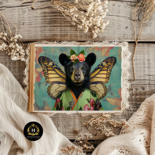 Papel De Seda Decoupage de Urso Negro Fantasia Floral Elegante