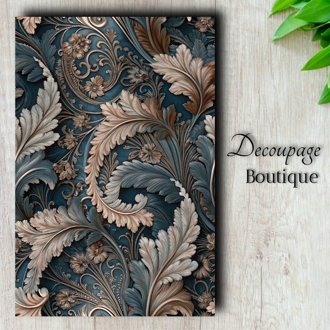 Papel De Seda Decoupage do Elegante Acanthus Leaf Tea/Taupe Barr (Elegant Acanthus Leaf Teal and Taupe Baroque Design Decoupage Tissue Paper)