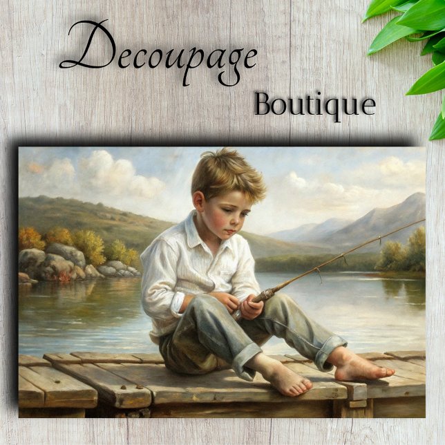 Papel De Seda Decoupage do Garoto de Pesca Reveriano do Lago Mon (Mountain Lake Reverie Young Angler's Contemplation Decoupage Tissue Paper By Decoupage Boutique)