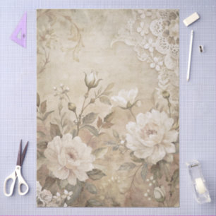 Papel De Seda Decoupage do Grunge Floral Branco Elegante
