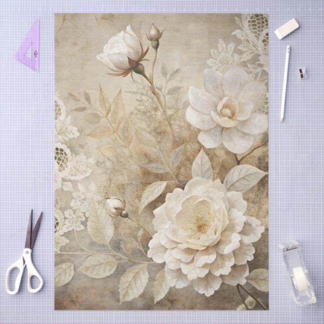 Papel De Seda Decoupage do Grunge Floral Branco Elegante (Arte )