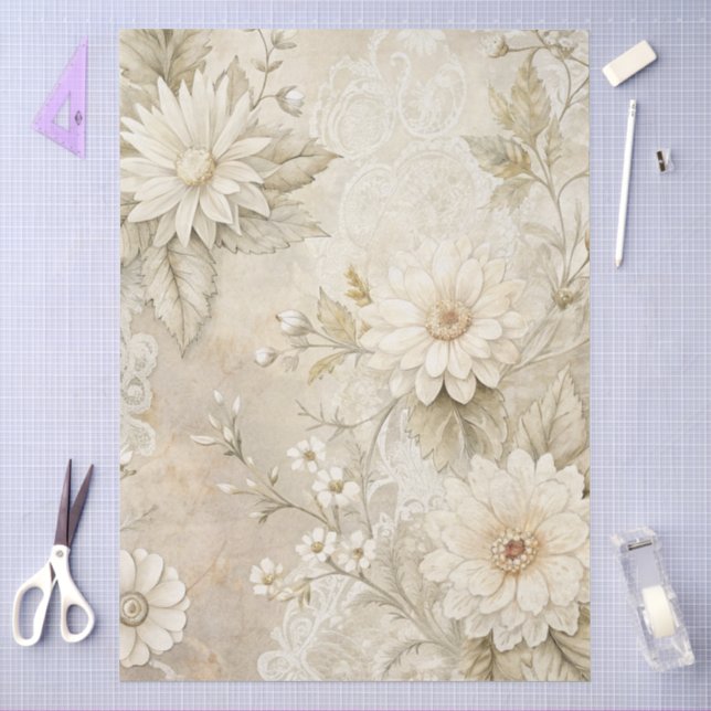 Papel De Seda Decoupage do Grunge Floral Branco Elegante (Arte )