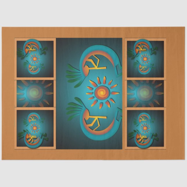 Papel De Seda Decoupage do Kokopelli Sun Southwest Turquoise (Frente )