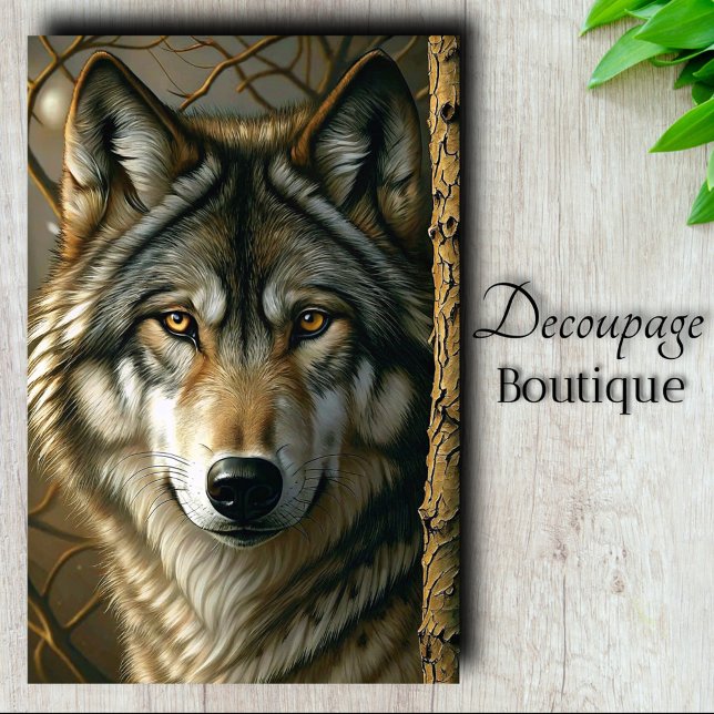 Papel De Seda Decoupage do Lobo Cinzento de Olhos Âmbar (Amber Eyed Gray Wolf Decoupage Tissue Paper)