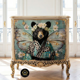 Papel De Seda Decoupage do Urso Floral da Imagem Preta Elegante