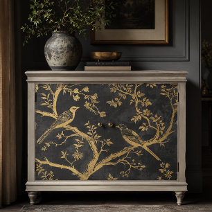 Papel De Seda Decoupage Elegante de Pássaros Negros e Dourados