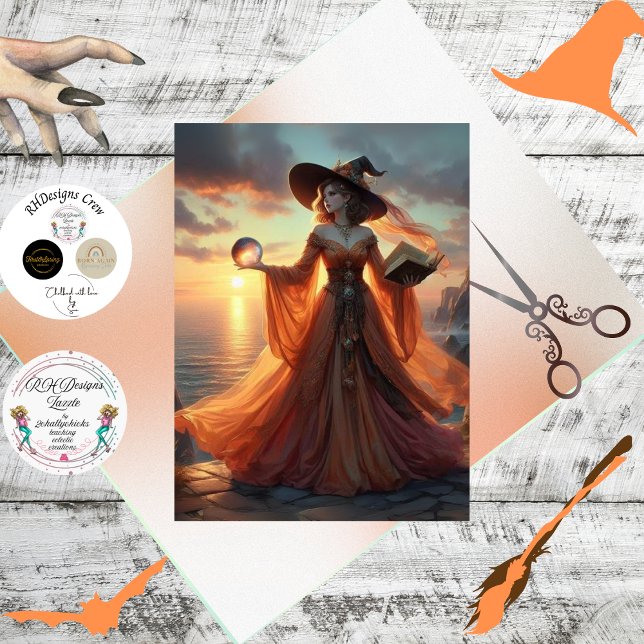 Papel De Seda Decoupage Fantasy Witch Fiery Gown e Orb (Criador carregado)