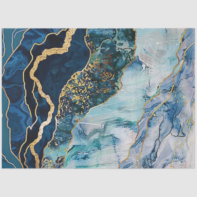 Papel De Seda Decoupage Faux Finalizar Efeito Marble Azul Dourad (Frente )