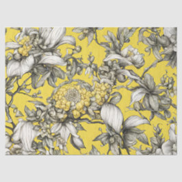 Papel De Seda Decoupage Floral Amarelo Vintage, Preto e Branco 
