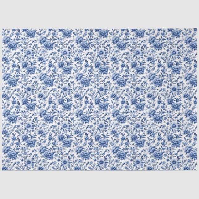 Papel De Seda Decoupage Floral Azul e Branco Chinoiserie (Frente )