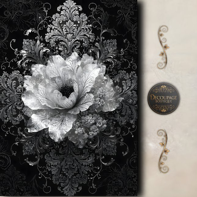 Papel De Seda Decoupage Floral Barroco Preto e Branco (Black White Baroque Floral Decoupage Tissue Paper)