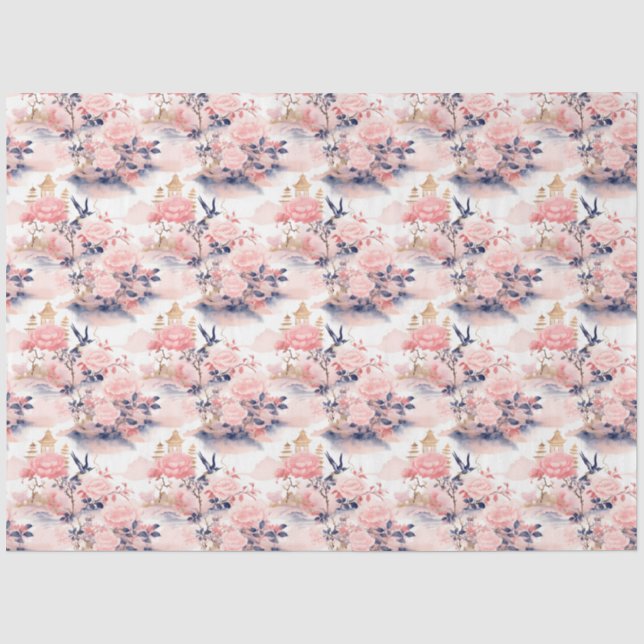 Papel De Seda Decoupage Floral Casa Asiática Rosa Bege (Frente )