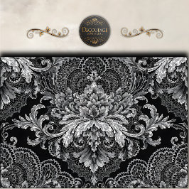 Papel De Seda Decoupage Floral Damasco Prata Preto