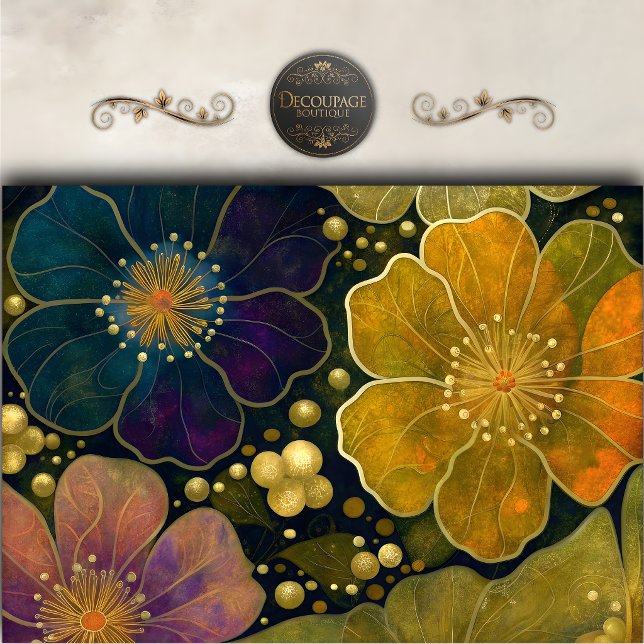 Papel De Seda Decoupage Floral Dourado Celestial (Celestial Gold Floral Decoupage Tissue Paper)