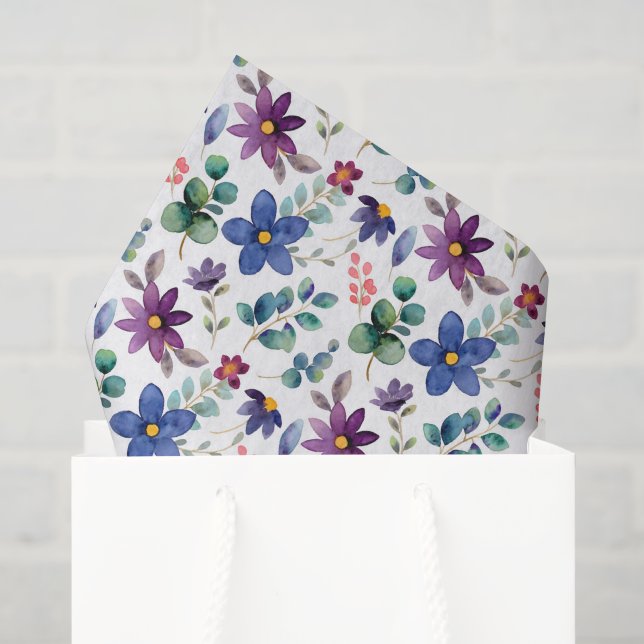 Papel de seda decoupage floral roxo, flores azuis (Sacola de presentes)