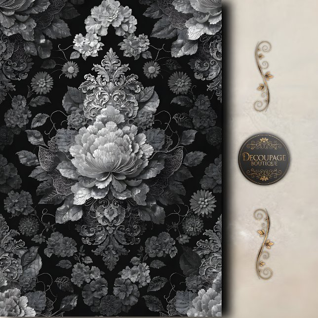 Papel De Seda Decoupage Floral Vitoriano Preto e Branco (Black White Victorian Floral Decoupage Tissue Paper)