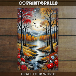 Papel De Seda Decoupage - Floresta de outono, rio e a lua - 