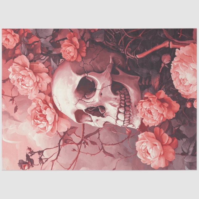 Papel De Seda Decoupage Gótica Crânio Cercado e Flores de Pêsseg (Frente )