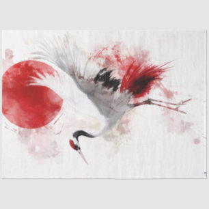 Papel De Seda Decoupage Graceful Crane Red Sun Watercolor
