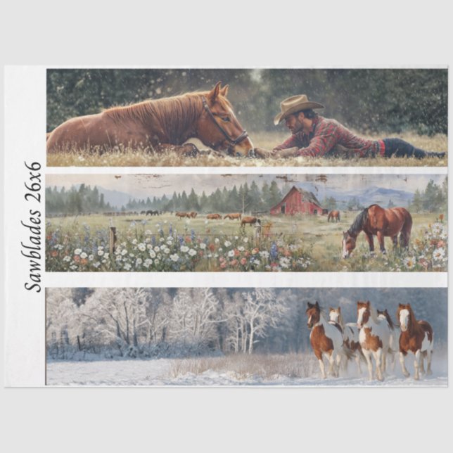 Papel De Seda Decoupage Handsaw Design Cowboy, Red Barn, Horses (Frente )